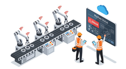 Isometric illustration of two technicians interacting with industrial robots and a large screen display in a factory setting with a modern aesthetic.