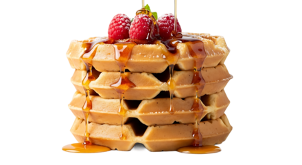 A stack of golden waffles adorned with ripe raspberries and drenched in flowing maple syrup. A sweet and delicious breakfast.