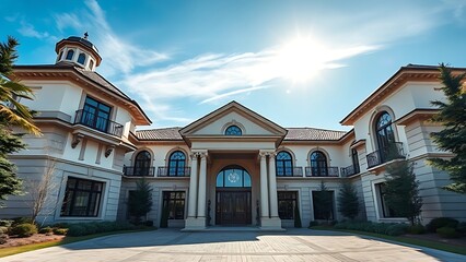 Elegant residence entrance with architectural details under a clear blue sky, exuding luxury.