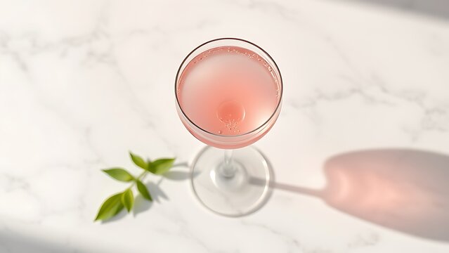 Pink beverage in crystal glass on marble surface with elegant summer vibe.
