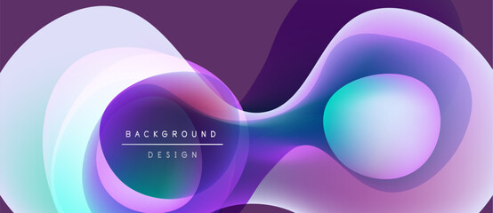 Abstract fluid shapes, vibrant colors, purple backdrop. Modern design elements create dynamic visual impact. Smooth gradients, flowing forms.
