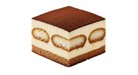 A captivating close-up of a square slice of cocoa-dusted layered dessert, creamy and airy, promising a rich, sweet treat.
