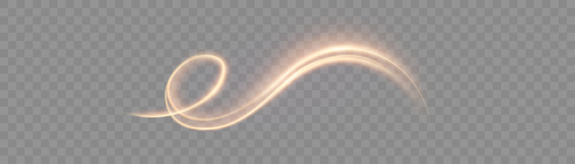 A golden, curved light trail with a soft glow on a transparent background. A vibrant, arched swirl with glittering highlights for overlays, titles, and abstract designs.  © Valeriia