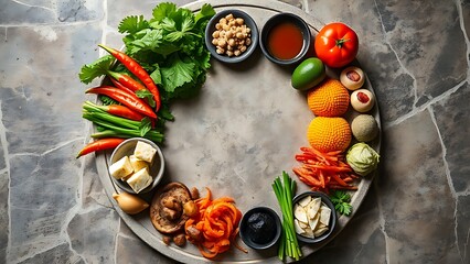 Fresh Asian ingredients arranged on a rustic stone surface, top-down view.