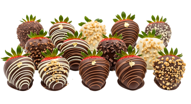 Delicious assortment of chocolate-covered strawberries with toppings like nuts, chocolate drizzle, and gold leaf accents.