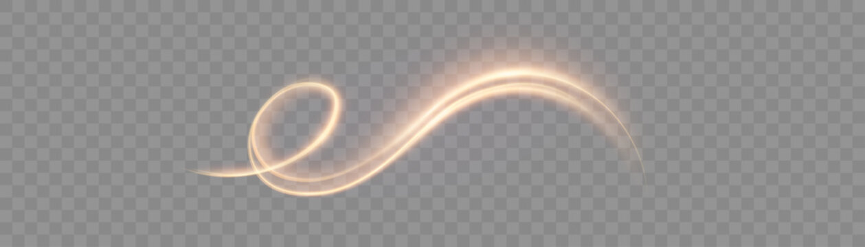 A golden, curved light trail with a soft glow on a transparent background. A vibrant, arched swirl with glittering highlights for overlays, titles, and abstract designs.	