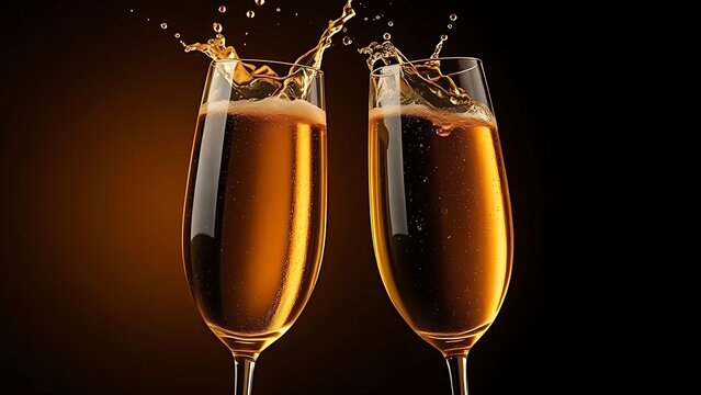 Two champagne glasses capturing the dynamic splash of liquid, illuminated by golden light against a dark gradient backdrop.