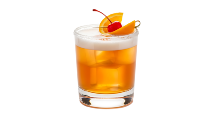 Refreshing cocktail drink with orange and cherry garnishes is perfect for warm weather and happy hour relaxation.