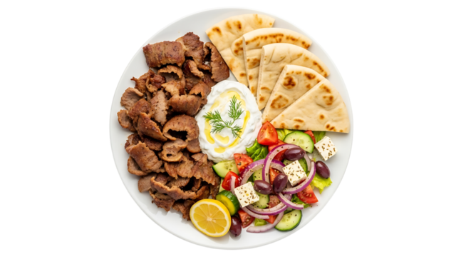 A delicious gyro plate with meat, pita bread, creamy sauce, and a fresh salad. A flavorful and satisfying meal option.