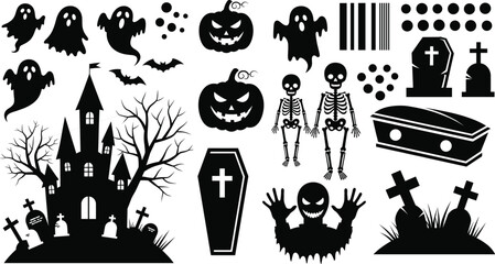 Halloween vector illustration, haunted house, ghosts and skeletons, creepy graveyard, bats and coffins, spooky pumpkin, black and white design, horror theme