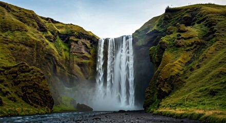 Powerful waterfall cascading down a cliff face surrounded by lush, green hills