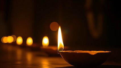 Golden diya glowing in darkness, symbolizing tradition and festive spirit in Indian culture.
