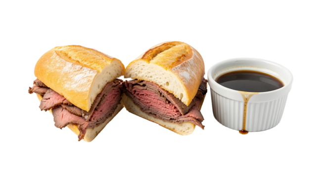 Delicious roast beef sandwich cut in half, paired with a side of savory dipping sauce for an enhanced taste experience.