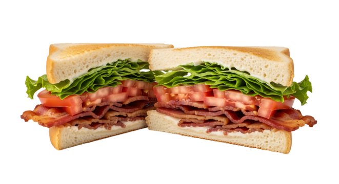 Savor the classic flavors of a BLT sandwich, featuring crispy bacon, fresh lettuce, and juicy tomatoes. A timeless delight!