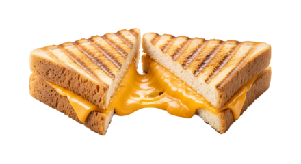 Grilled cheese sandwich cut in half, gooey melted cheese pulling apart. Simple comfort food and classic deliciousness.