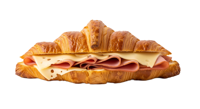 Here is a fresh croissant filled with ham and cheese. The perfect breakfast or snack for any time of the day.