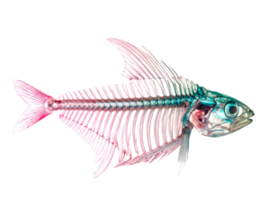 Transparent fish skeleton reveals internal structures, glowing bioluminescence
