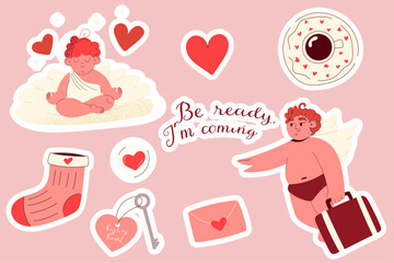 Funny romantic composition with cupid, heart icons and coffee cup. Vector flat design for greeting cards, stickers, social media and modern love concepts.