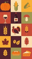 Thanksgiving harvest icons featuring pumpkin, corn, wine, turkey, and pie