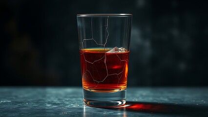 An abstract visualization of a vibrant colorful cocktail glass slowly cracking and draining of its color against a dark background.