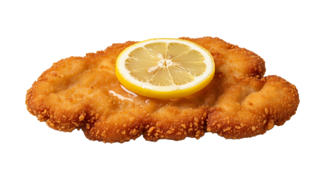 Golden fried cutlet, adorned with a citrus slice. A culinary delight that's crisp, savory, and refreshingly zesty!
