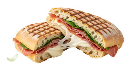 Delight in every bite of this panini, where melted cheese, savory meat, and fresh greens come together in grilled perfection.