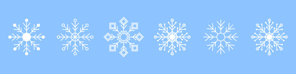 Minimal vector set with elegant snowflake symbols and frost crystal elements. Winter snowflakes icons. For cold season decoration, design, and illustration
