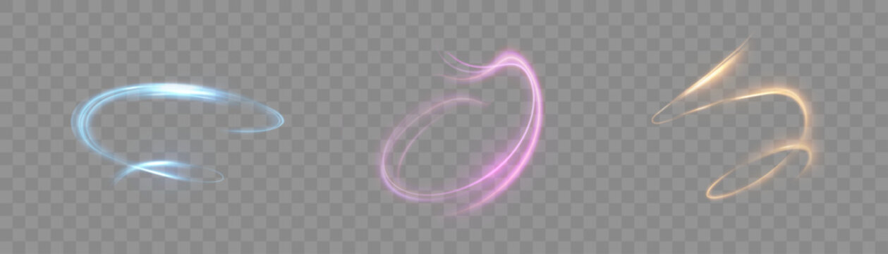 A set of glowing whirlwinds, bright trails on a transparent background.