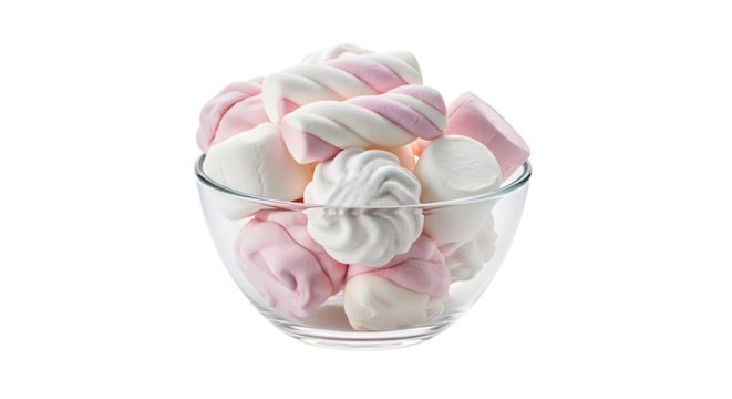 A transparent glass bowl brims with a sweet assortment of marshmallows, a delightful treat to enjoy by the fireside. 
