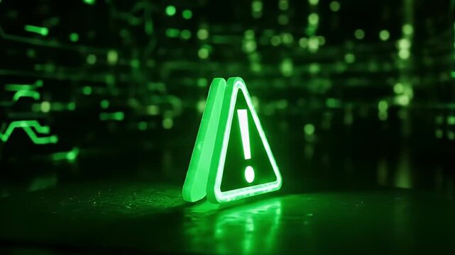 A vibrant, glowing green triangular warning sign with an exclamation mark stands prominently on a dark, reflective surface, set against a blurred backdrop of intricate digital circuit patterns and lum
