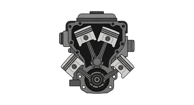 V-engine illustration with pistons and crankshaft, automotive engineering concept.