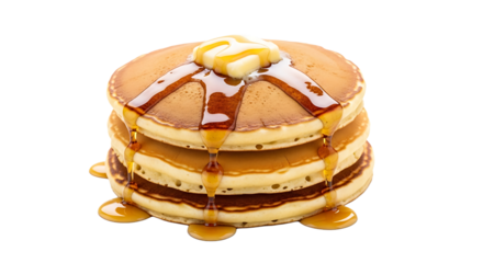 A stack of three fluffy pancakes topped with a pat of melting butter and drizzled with a generous amount of dripping syrup.
