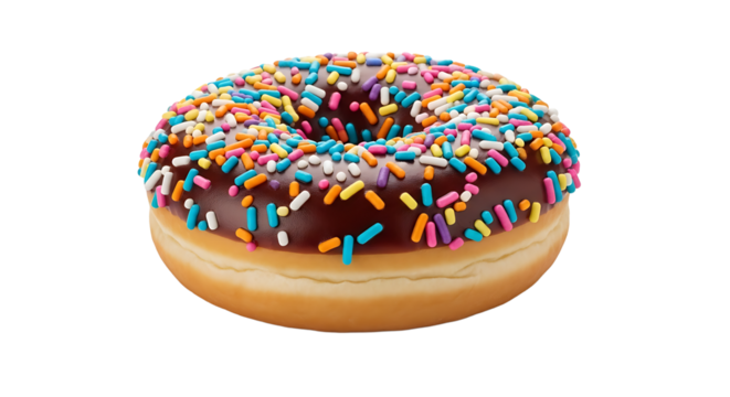 Indulge in a sweet delight with this tempting donut! Features a rich chocolate glaze and a sprinkle of rainbow delight.