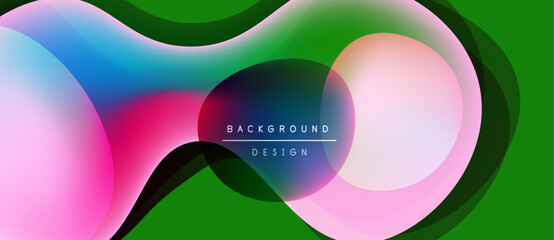 Abstract fluid shapes overlap, creating vibrant color gradients on green backdrop. Modern design element for backgrounds.