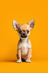 Obraz premium Cute Chihuahua puppy with light tan coat and large ears sits against vibrant orange background.
