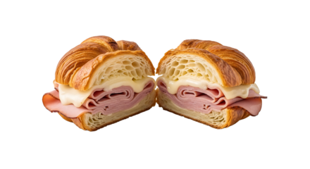 Golden, flaky croissant sandwich halved, layered with savory ham and melted cheese, a tempting pastry perfection.