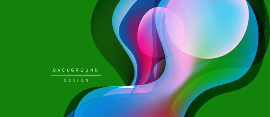 Abstract vibrant layers overlap. Green background provides contrast. Modern design elements create dynamic visual effect. Smooth gradients dominate composition.