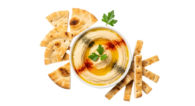 Delight in a creamy hummus bowl paired with toasted pita bread, a Mediterranean spread ready for dipping!