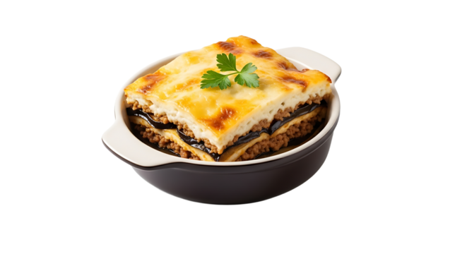 Delicious moussaka in a ceramic dish with eggplant, meat, and béchamel sauce topped with parsley for added taste.
