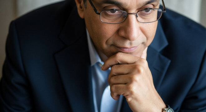 Pensive businessman thinking with hand on chin. Close-up portrait of a focused professional contemplating a decision. Mature executive in a suit deep in thought