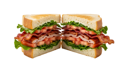A delicious bacon, lettuce, and tomato sandwich cut in half, featuring fresh ingredients and toasted bread.