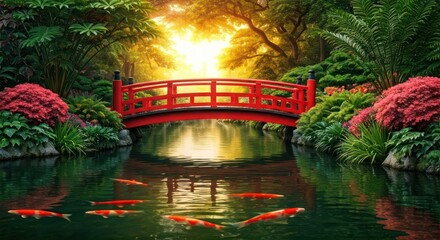 Serene Japanese garden scene Red bridge over koi-filled water, lush greenery, and bright sunlight