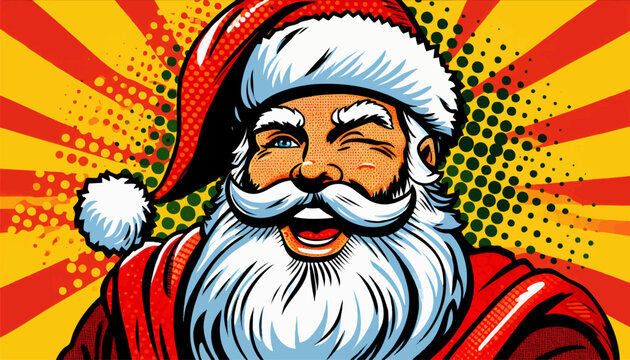 Santa Claus winking and smiling, surrounded by retro pop art patterns and festive colors. Generative ai vector colorful pop art illustration.