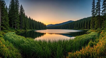Serene lake reflects sunset hues, framed by dense evergreen forest and lush meadow