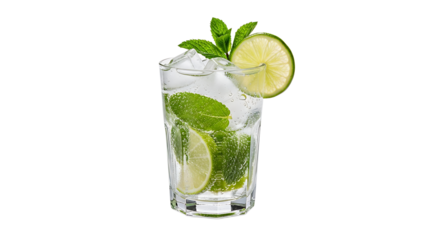 Refreshing mojito cocktail with lime and mint. Bubbles rise to the top of a glass full of ice in the summer heat.