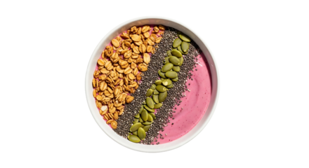 A delicious and nutritious smoothie bowl filled with granola, chia seeds, pumpkin seeds and a pink creamy base.