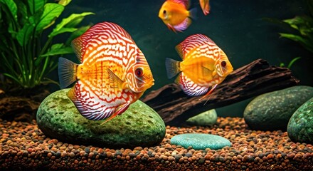 Several vibrantly colored discus fish swim in a well-decorated aquarium with rocks and plants