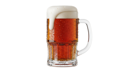 A refreshing mug of amber liquid with a frothy white head, the glass glistening with condensation, transparent background.