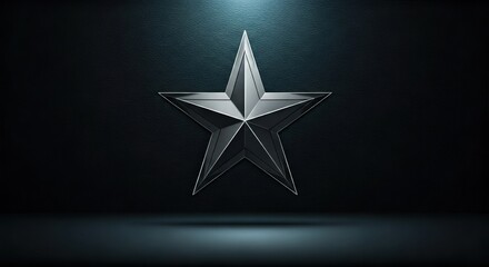 Shiny metallic star with sharp edges, centrally positioned on a dark textured background