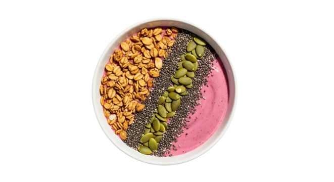 A delicious and nutritious smoothie bowl filled with granola, chia seeds, pumpkin seeds and a pink creamy base.